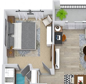 McDonald 3D 3D McDonald 2 Bedroom with entry closet, Kitchen with island and pantry cabinet, open to dining-living area, 1 bath with shower, 1 bath with double sink and tub. walk-in closets. washer/dryer. balcony
